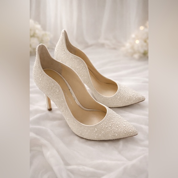 Jessica Simpson Shoes - Jessica Simpson Wayva Bridal Pumps White Satin Pearl Embellished Heels Size 10M
